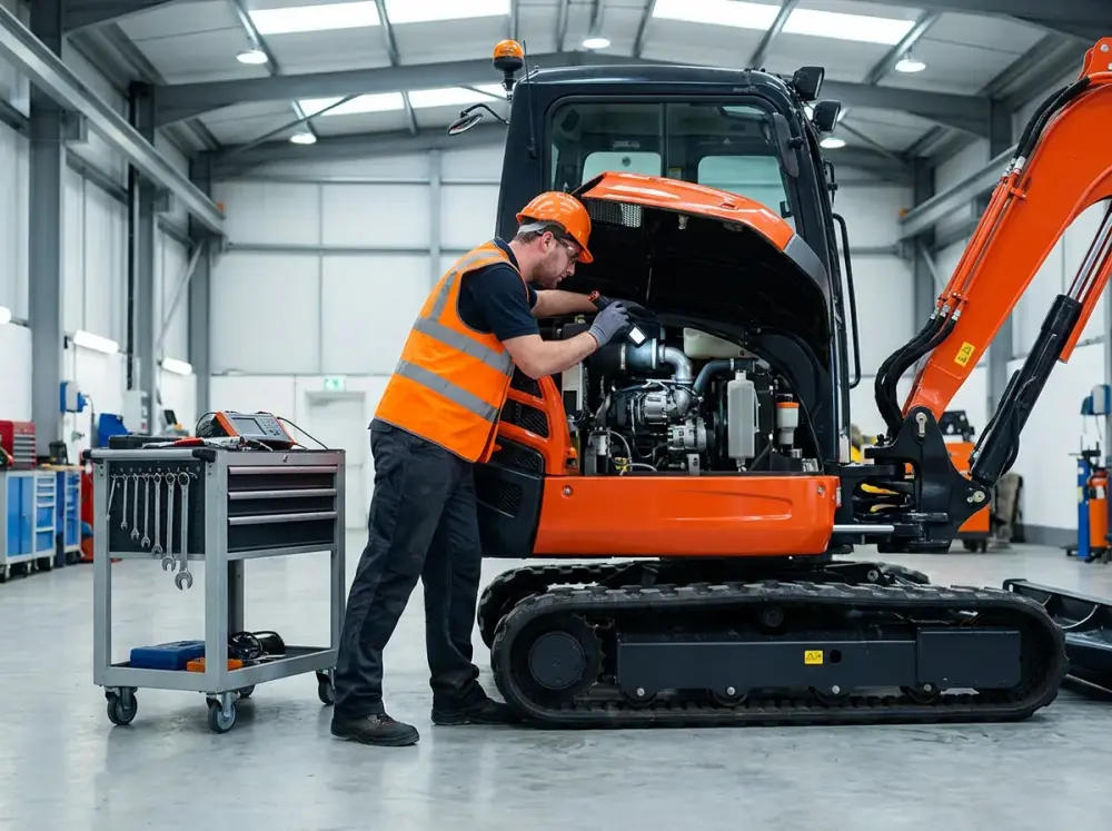 Technician servicing a compact excavator